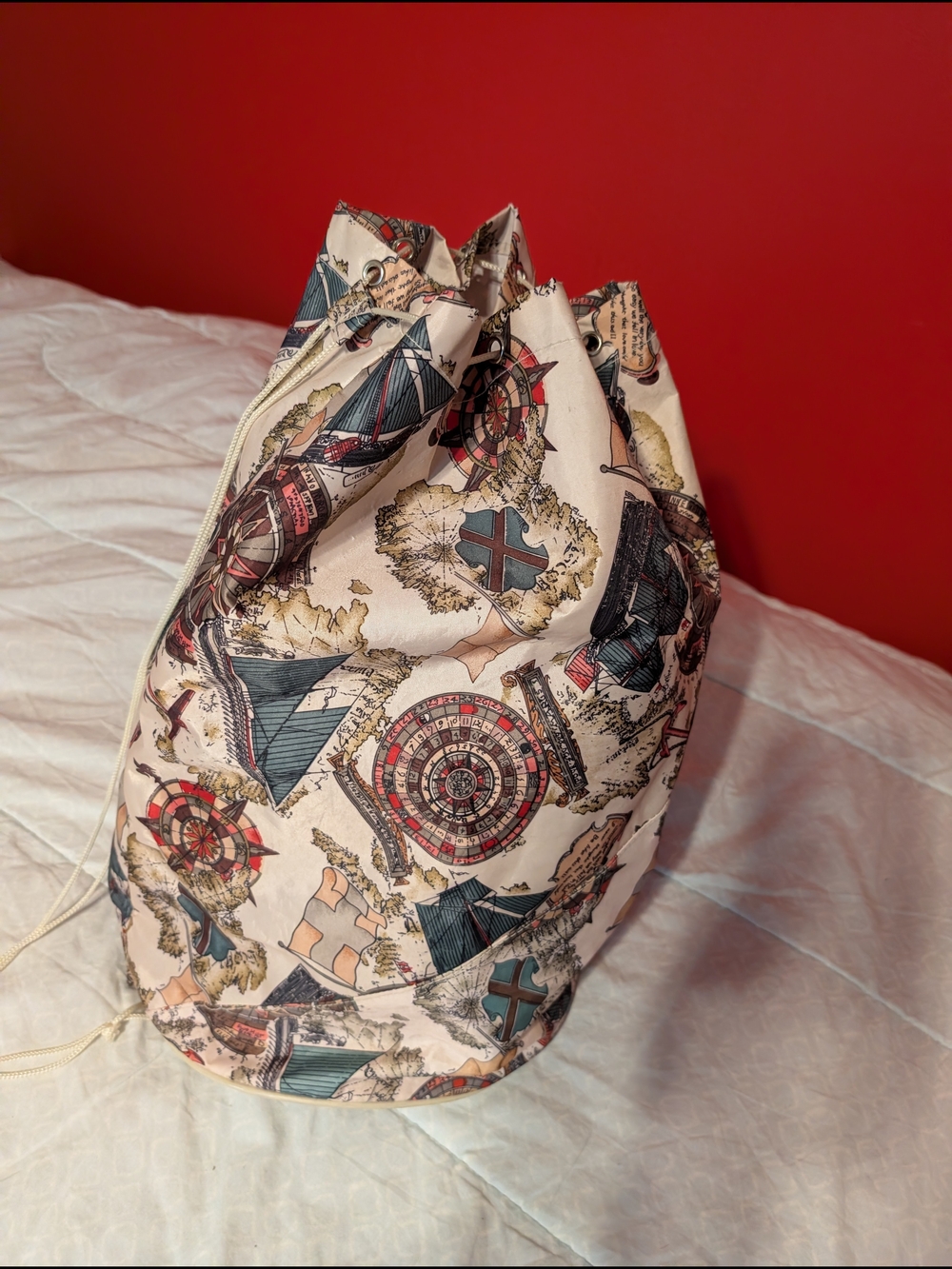 Nautical Print Bag - Cream Drawstring Storage